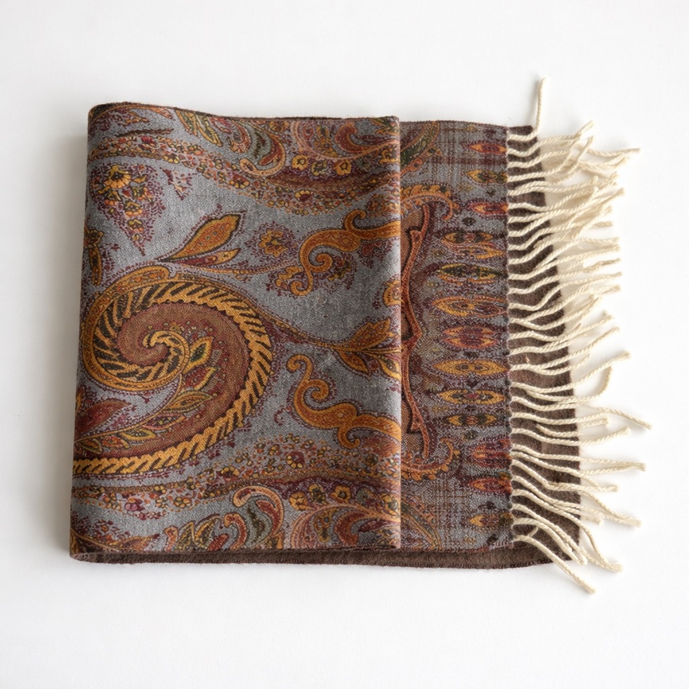 Vintage 100% Wool Paisley Scarf | Double-Sided Plaid | Classic Fringe Wrap